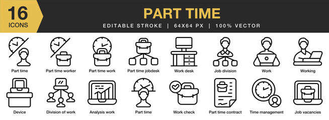 Part Time icon set. Editable Stroke Icon Collection. Includes job, work, business, worker, staff, time, and More. Outline icons vector collection.