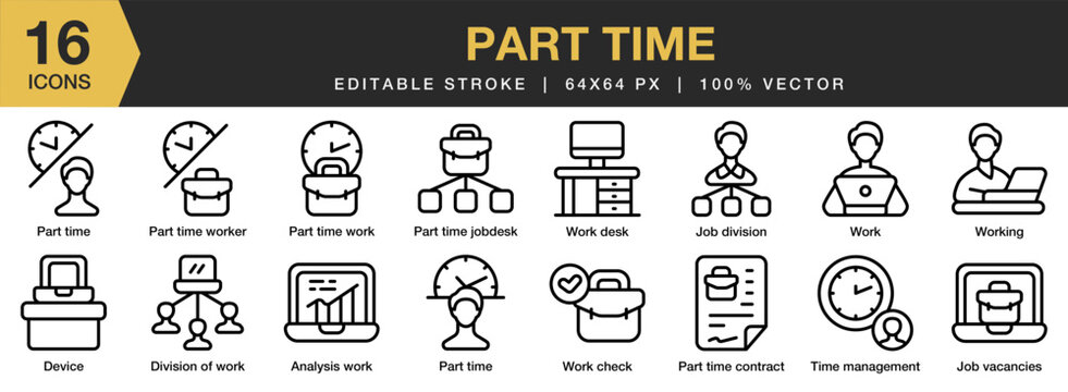 Part Time icon set. Editable Stroke Icon Collection. Includes job, work, business, worker, staff, time, and More. Outline icons vector collection.