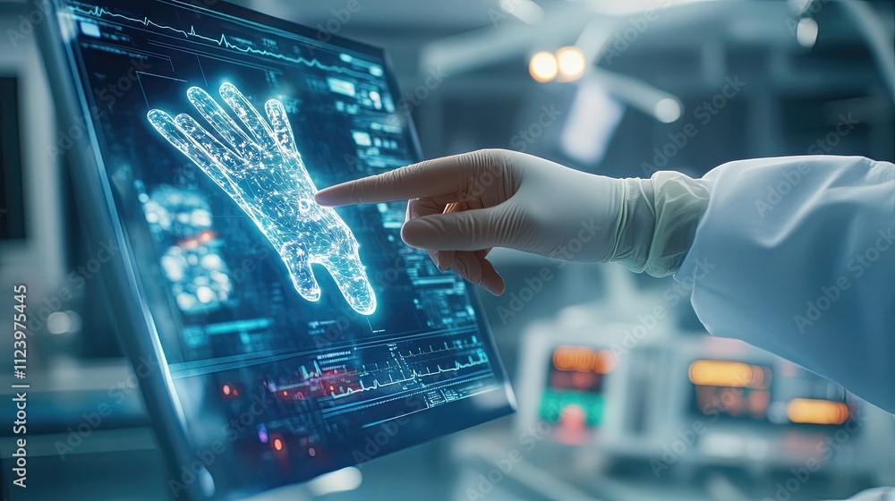 Poster futuristic medical interface with doctor interacting with hand scan visualization in a high-tech lab