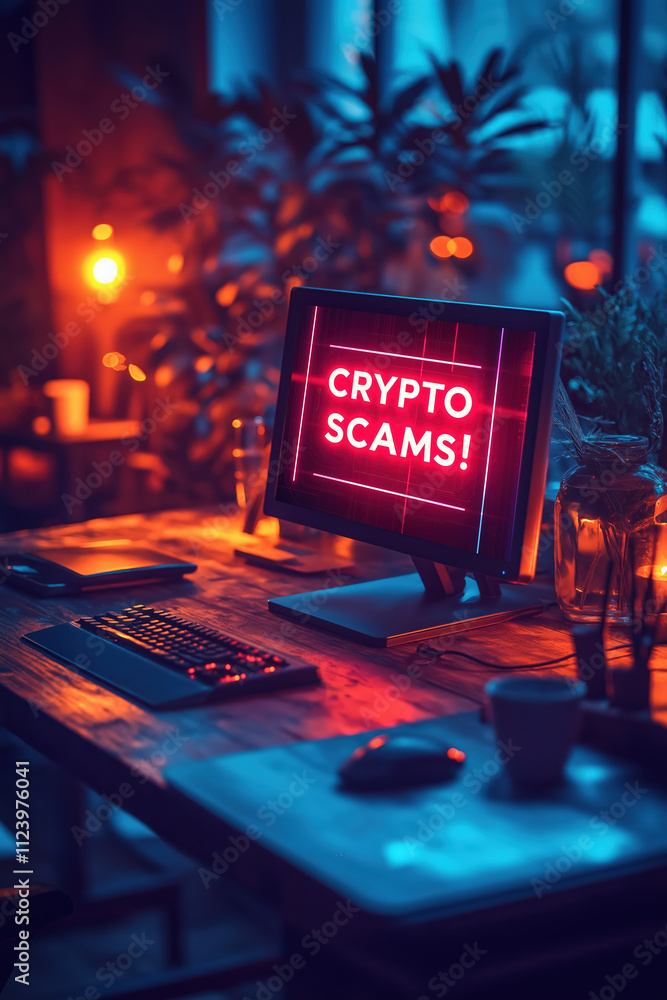 Aufkleber computer display warning about cryptocurrency scams in a dimly lit workspace