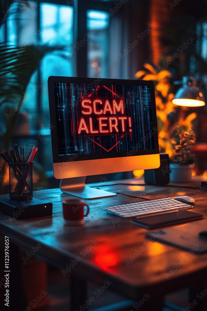 Aufkleber computer displaying scam alert message in a cozy home office setting during evening