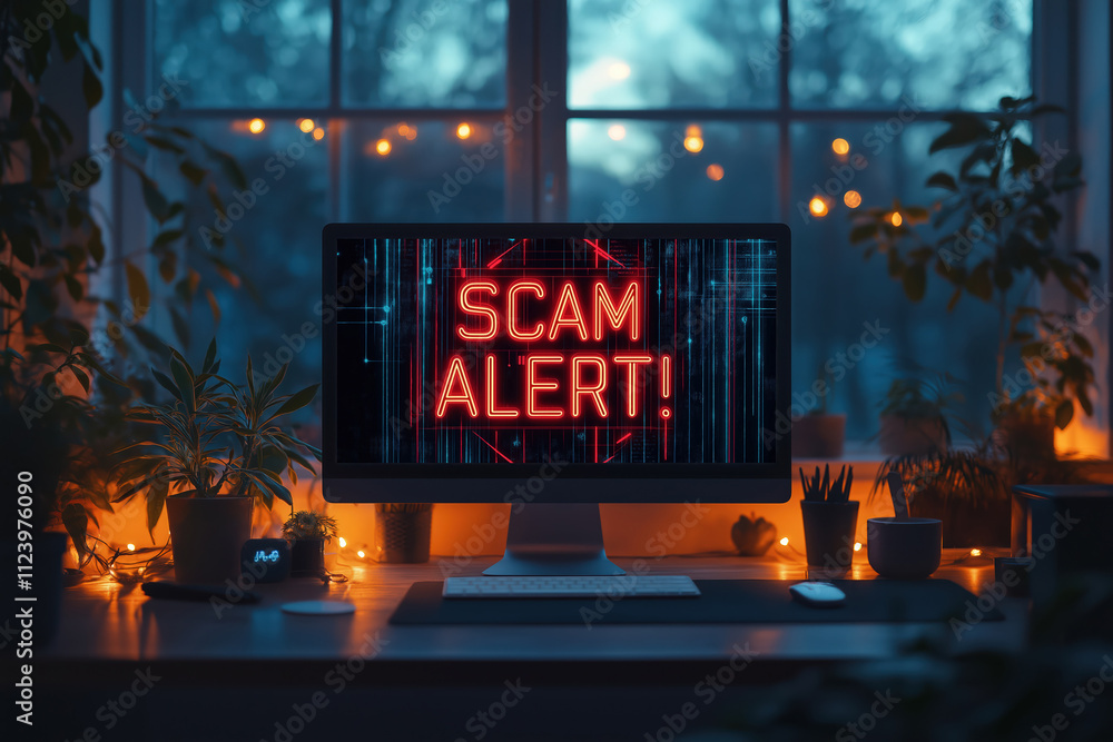 Aufkleber a computer monitor shows a scam alert message in red neon against a dark background