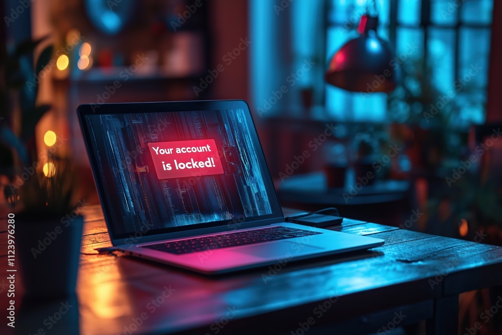 Poster computer screen displaying account locked message in dimly lit room