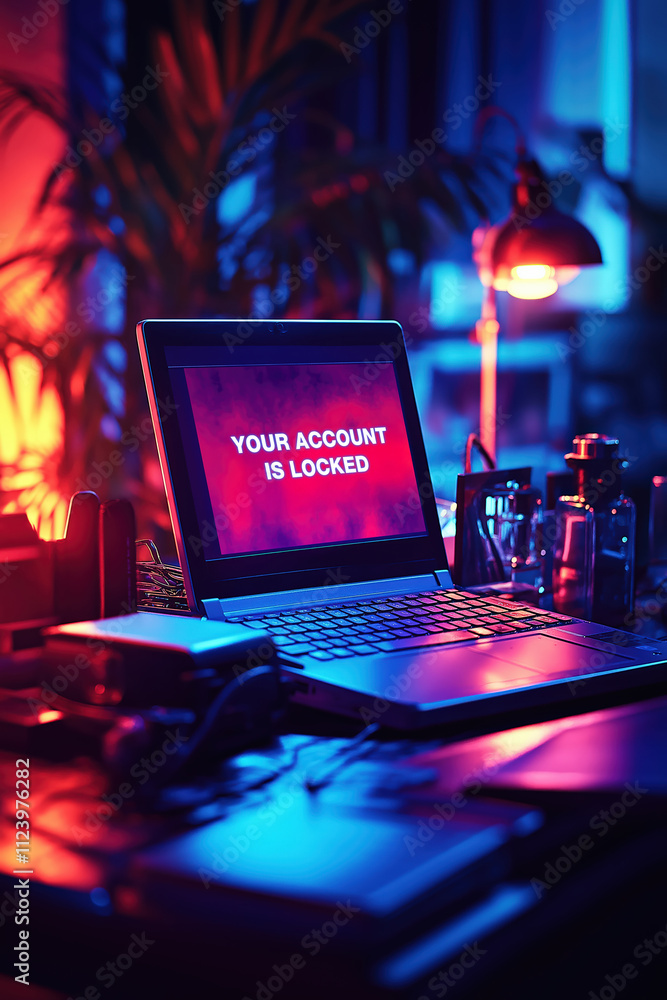 Aufkleber computer screen displaying locked account notification in a vibrant workspace at night