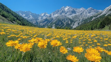 Fototapeta premium A vibrant field of yellow flowers set against majestic mountains under a clear blue sky.