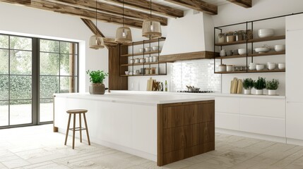 A spacious kitchen showcases contemporary style with wooden beams, white cabinetry, and abundant natural light from large windows