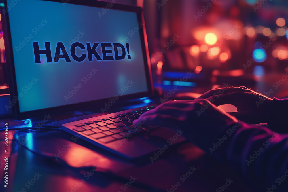 Poster hands typing on a laptop with a hacked message illuminated by colorful lights at night
