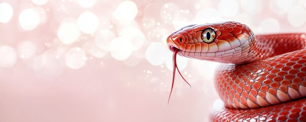 Obraz premium Vibrant red snake slithering on pink background wildlife close-up