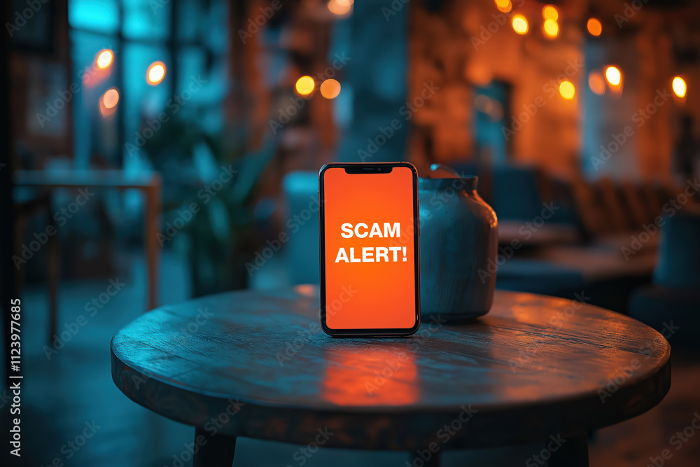 Aufkleber smartphone displaying a scam alert notification in a dimly lit cafe setting