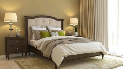 Fototapeta premium A stylish bedroom showcases a comfortable bed with decorative pillows alongside matching nightstands and soft lighting, enhancing the cozy atmosphere