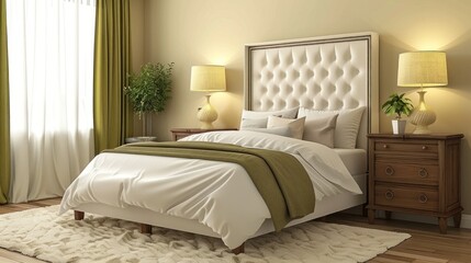 Obraz premium Soft lighting enhances a modern bedroom with a plush bed, stylish lamps, and minimalistic decor for a serene atmosphere