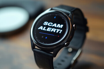 Fototapeta premium Smartwatch displaying scam alert notification on wooden surface