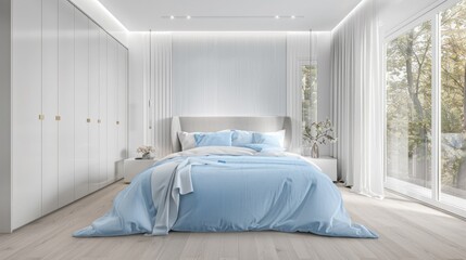 Obraz premium A spacious bedroom showcases a soft blue color scheme with natural light flooding in from large windows, creating a serene atmosphere