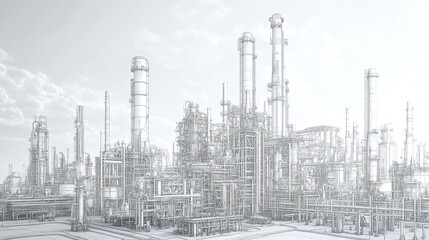 Fototapeta premium Sketch of a Large Industrial Refinery with Tall Towers.