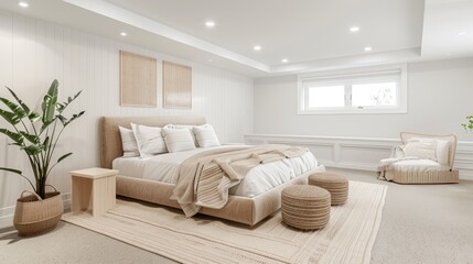 Fototapeta premium Bright, airy bedroom showcases a large bed dressed in neutral colors, with a cozy chair and indoor plants enhancing the serene atmosphere