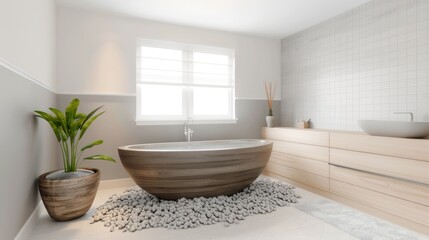 Fototapeta premium Contemporary bathroom showcases a large wooden bathtub on pebbles, with natural light streaming through the windows and simple decor