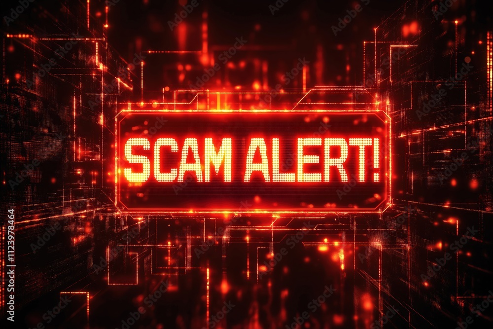 Aufkleber important scam alert notice displayed in a digital format with glowing red text