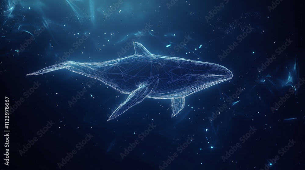 Poster abstract whale in low poly wireframe on a dark blue background with glowing particles, modern and fu