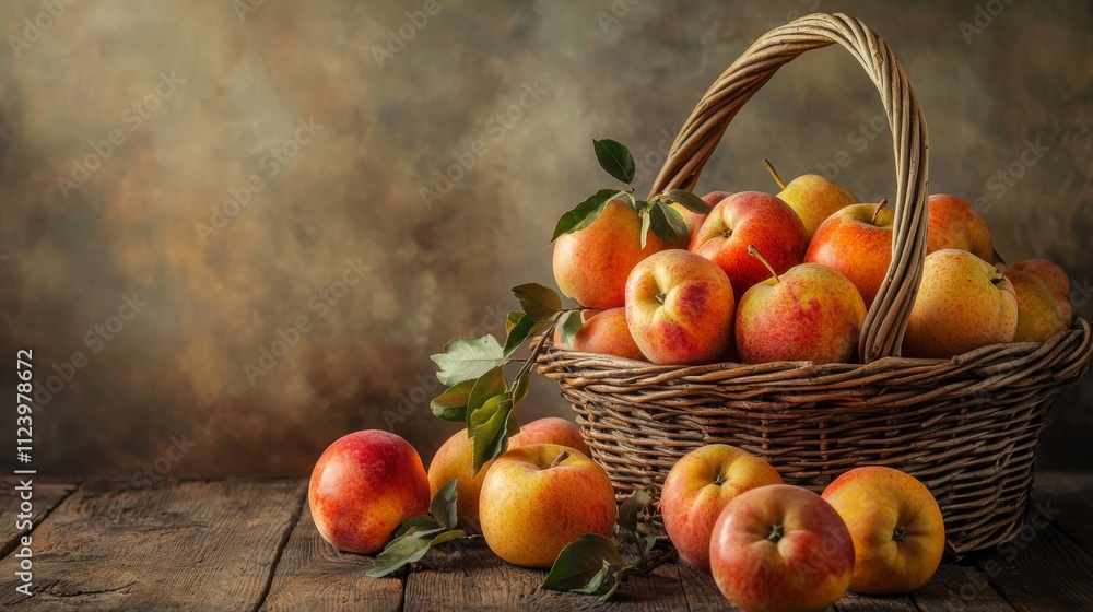 Poster wicker basket filled with fresh apples on a rustic table