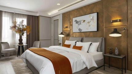 This elegant bedroom showcases contemporary design with warm tones, a comfortable bed, and tasteful decor in a serene atmosphere