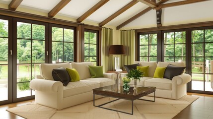 Fototapeta premium Bright living room features comfortable sofas and a coffee table, offering a view of lush trees and nature outside