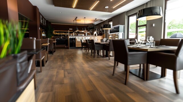 Sleek modern restaurant interior featuring stylish seating, polished wooden floors, and sophisticated lighting inviting guests to dine