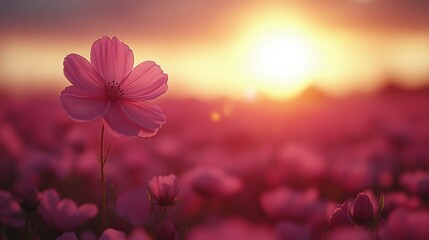 Obraz premium A vibrant flower stands out against a sunset backdrop in a field of blooms.