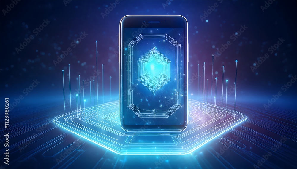 Poster smartphone on circuit board with glowing data, symbolizing mobile technology and innovation.