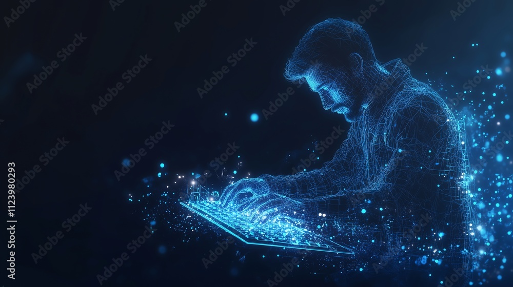 Aufkleber man typing mid-motion on a transparent virtual keyboard, surrounded by glowing circuits and low-poly