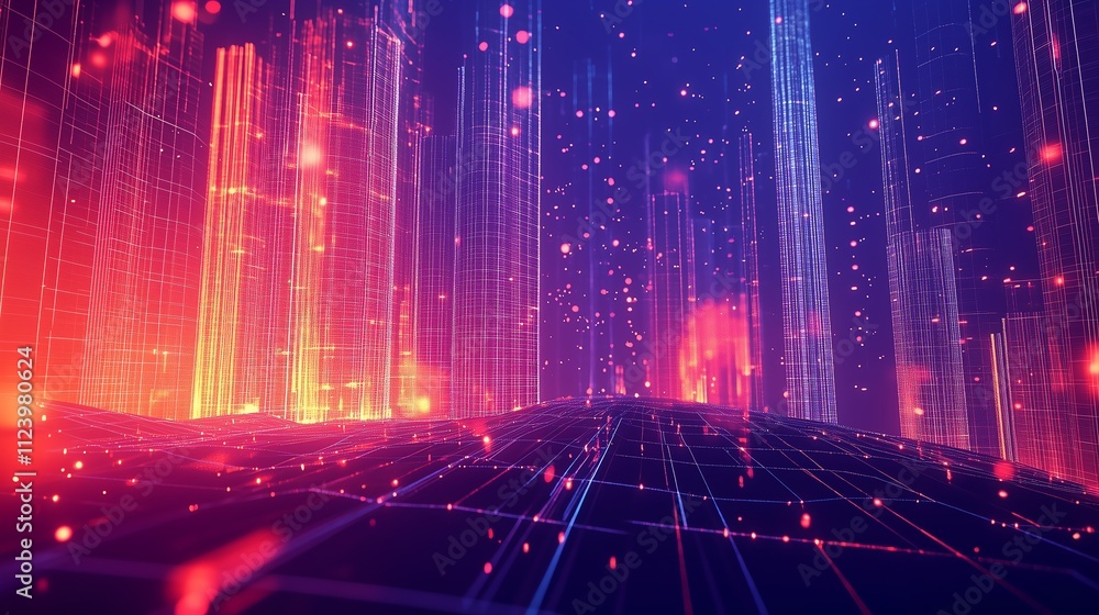 Poster abstract city skyline blending digital and physical worlds with glowing wireframe data streams on a 