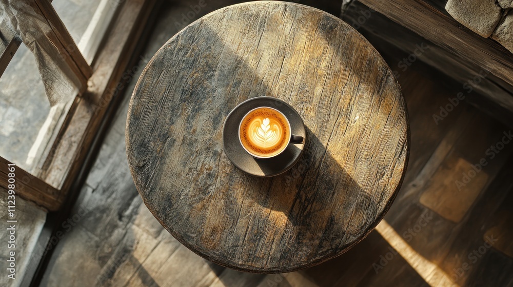 Poster top view of latte art in a cup on rustic wooden table in sunlight.
