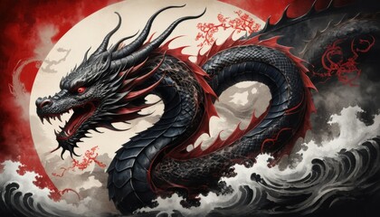 Obraz premium Black Dragon with Red Markings