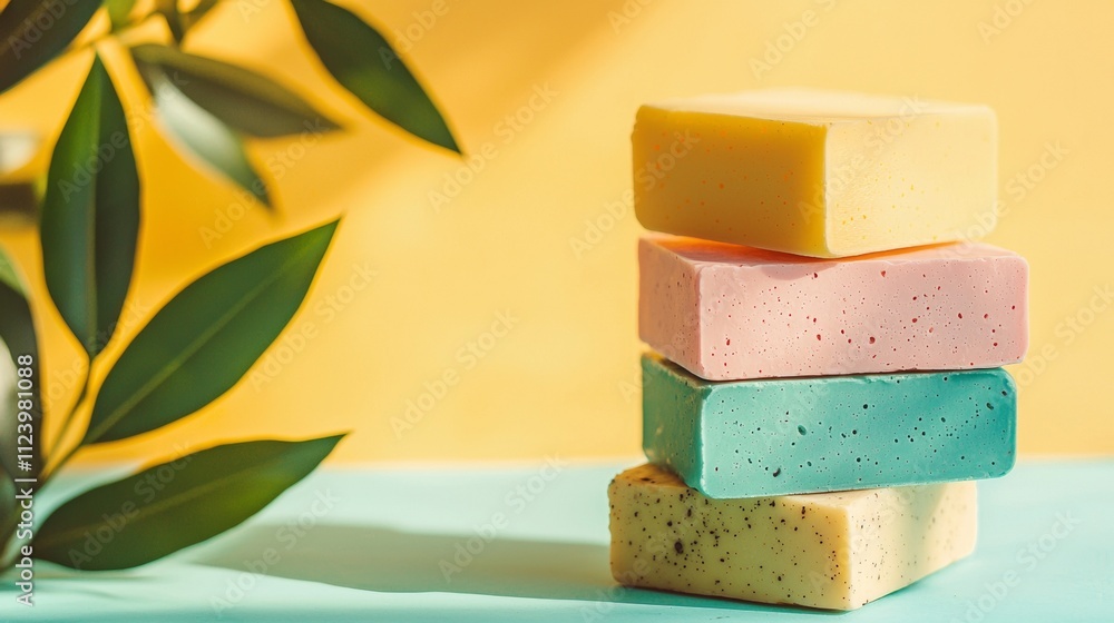 Poster stack of colorful handmade soaps with soft shadows on a pastel background