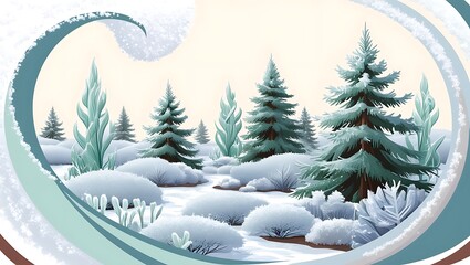 Fototapeta premium A Winter Wonderland Scene with Snow Covered Evergreens