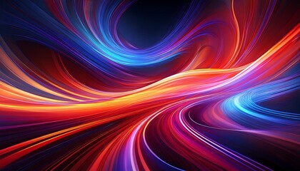 Fototapeta premium Vivid, flowing lines of light in red, orange, blue, and purple swirl and intersect against a dark background.
