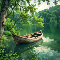 Obraz premium A wooden boat floating peacefully on a serene river surrounded by lush green trees under sunlight. Generative AI