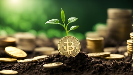A Bitcoin coin sprouting from soil, symbolizing growth in cryptocurrency investment.
