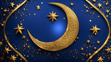Naklejka premium A decorative design featuring a golden crescent moon and stars on a deep blue background.