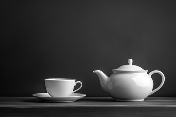 White tea set on wooden table with dark background showcasing elegance and simplicity