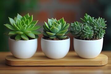 Succulent plants arranged in white pots on a wooden base showcasing vibrant greenery indoors