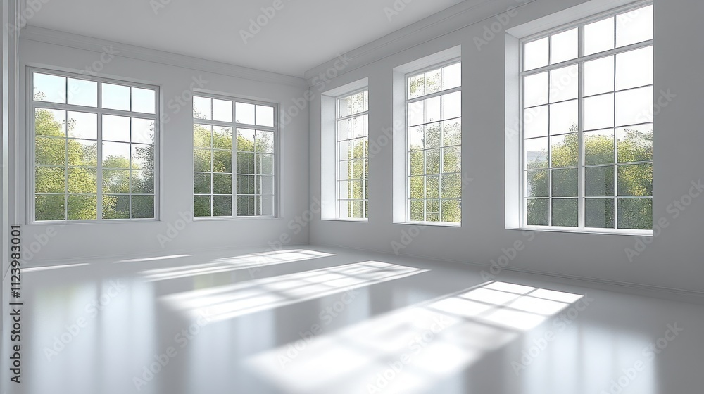 Poster sunlit empty room with large windows and green trees view.