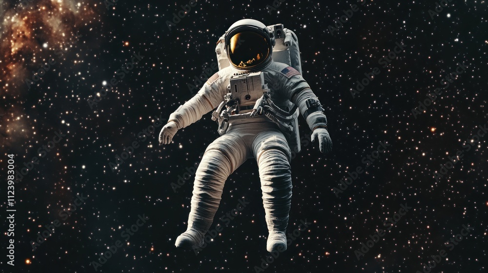Poster astronaut floating in space amidst stars and nebula.