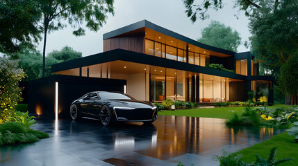 create a traditional Pakistani house with clean modern aspects in a suburban neighbourhood. Peaceful vibes. A luxury car parked in the porch