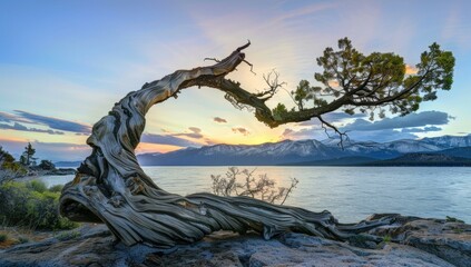 Fototapeta premium A gnarled tree branch stretches out over a calm lake with mountains in the distance. AI.