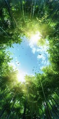 Obraz premium Looking up through a canopy of bamboo into a bright blue sky. AI.