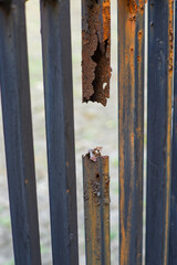 rusted and peeling iron fences in a deserted housing complex