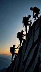 silhouette of a mountain climbing team