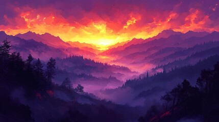 Vibrant sunset over misty mountain valley.