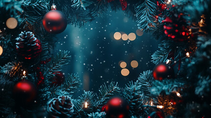 Beautiful wreath with red ornaments and snowflakes during festive holiday season