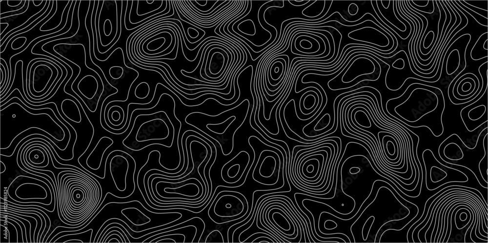 Poster abstract white on black background with topographic line map pattern. abstract wavy and curved lines